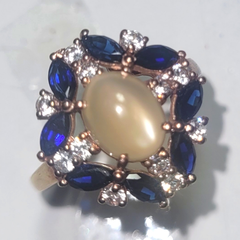 Ring 2 carat Moonstone Topaz Blue and Crystal Halo Rose Gold Filled Plazacore